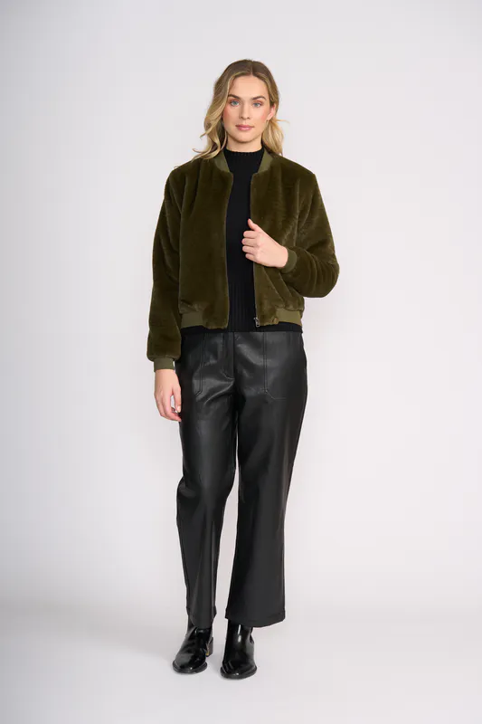 Model wearing Khaki Fur Sure Aviator Jacket By Foil Available at Beetees Nelson