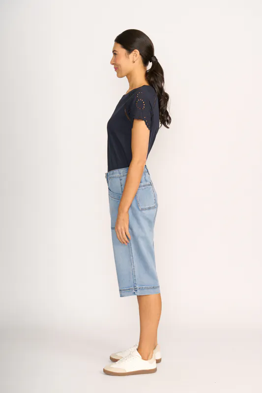 Model wearing Navy T-Shirt - Broderie Sleeve By Memo Available at Beetees Nelson