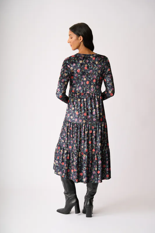 Model wearing Evening Courtyard Velveteen Dress By Memo Available at Beetees Nelson