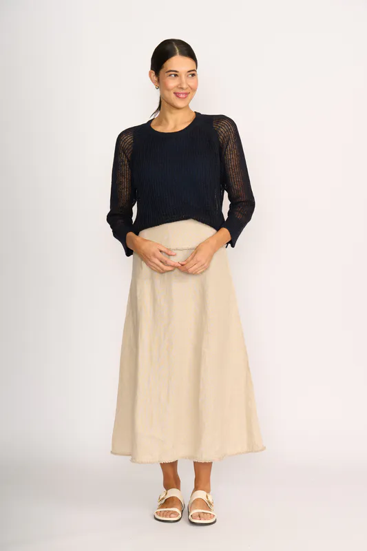 Model wearing True Navy Sweater - Raglan By Foil Available at Beetees Nelson ( Available Colour in Apple Only)