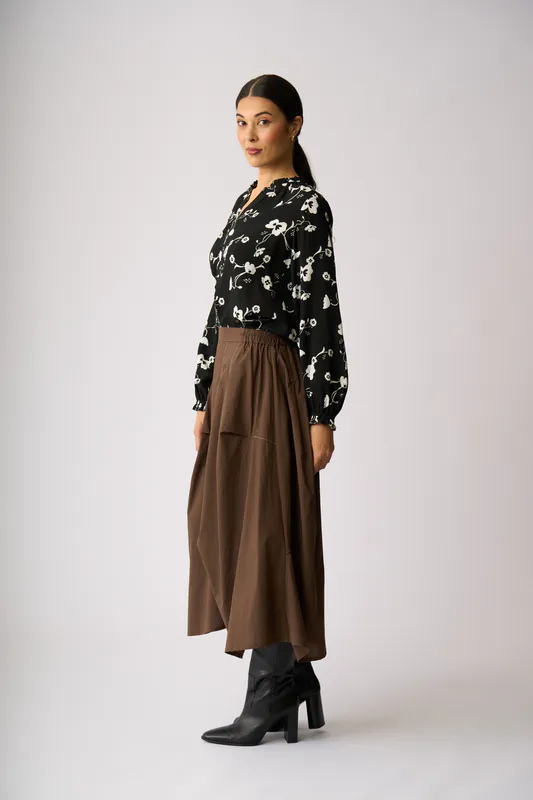 Model wearing Mono Floral Elasticated Cuff Blouse By Foil Available at Beetees Nelson