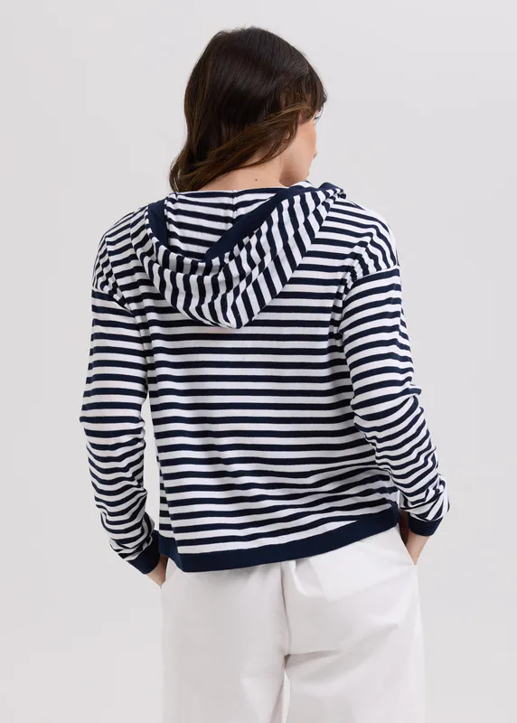 Model wearing Marine Multi Stripe Hoodie By LD + CO Available at Beetees Nelson