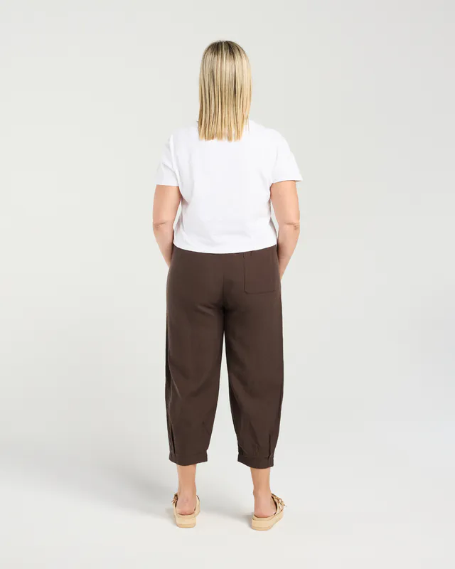 Model wearing Brown Nova Pant By Seduce Available at Beetees Nelson