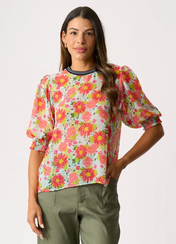 Model wearing Navy Floral Rib Trim Blouse By Memo Available at Beetees Nelson