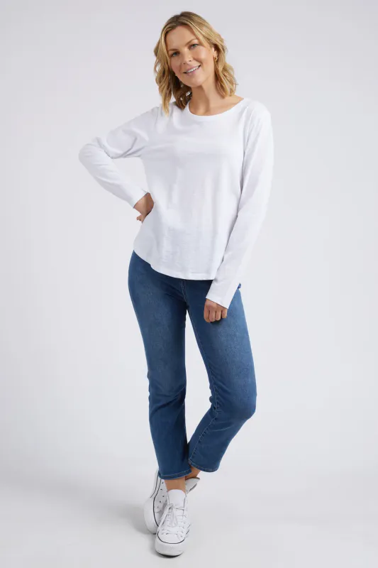 Model wearing white Everyday Long Sleeve By Elm Available at Beetees Nelson