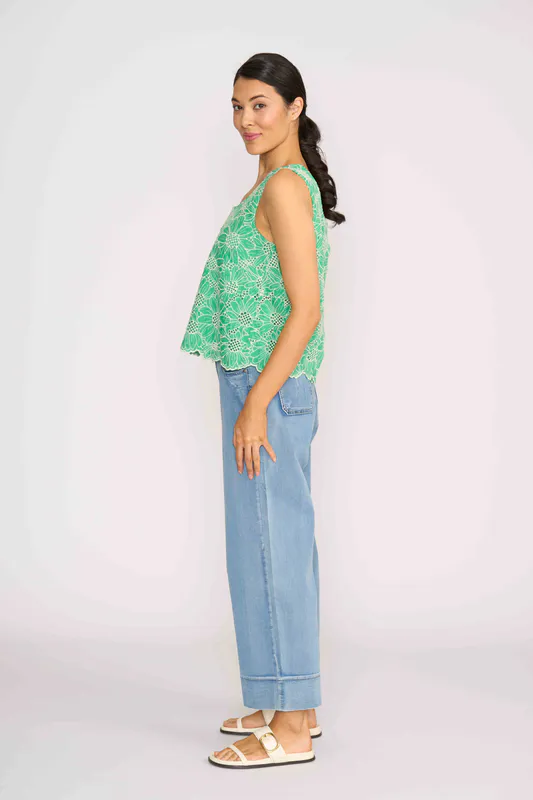 Model weearing Blue Wash Jean Queen Crop By Memo Available at Beetees Nelson