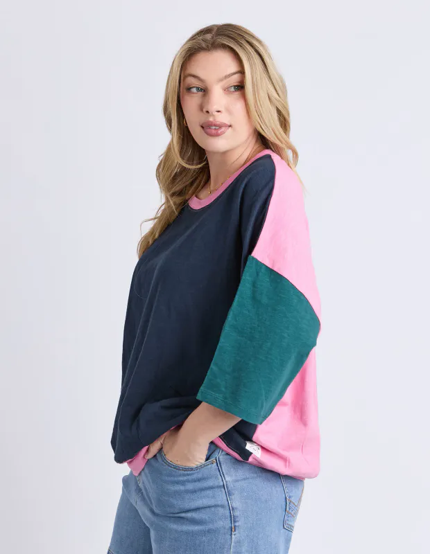 Model wearing Teal Maize Colour Block Sweat By Elm Available at Beetees Nelson