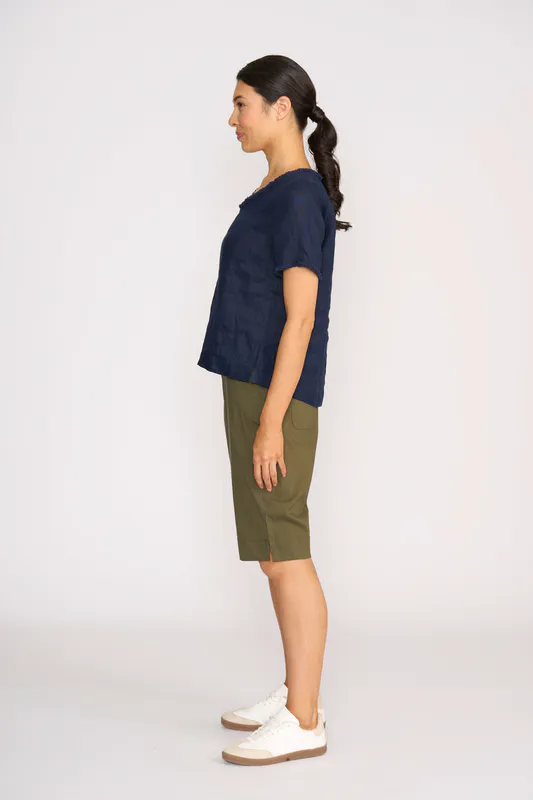 Model wearing Midnight V Benefits Top By Foil Available at Beetees Nelson