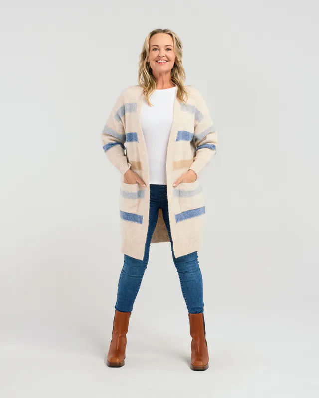 Model wearing Cream/Blue Samy Knit By Seduce Available at Beetees Nelson