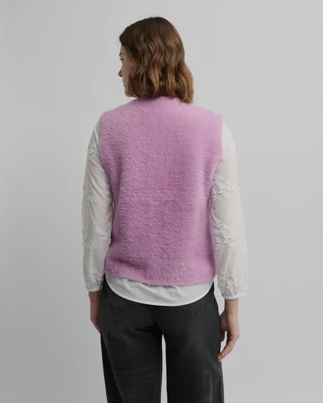 Model wearing Crepe Pink Hearth Knit Vest Hearth Knit Vest By Yarra Trail Available at Beetees Nelson