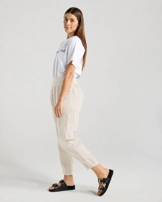 Model wearing Summer Sand Rosalina Knit Waist Pant By Blackstone Available at Beetees Nelson