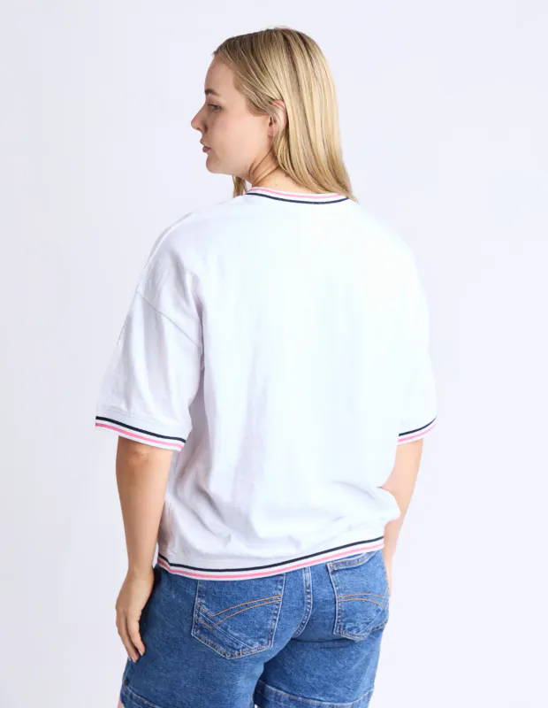 Model wearing White Faye Short Sleeve Sweat By Elm Available at Beetees Nelson