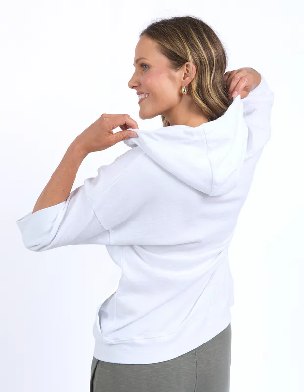 Model wearing White Beachy Zip Hoodie By Elm Available at Beetees Nelson