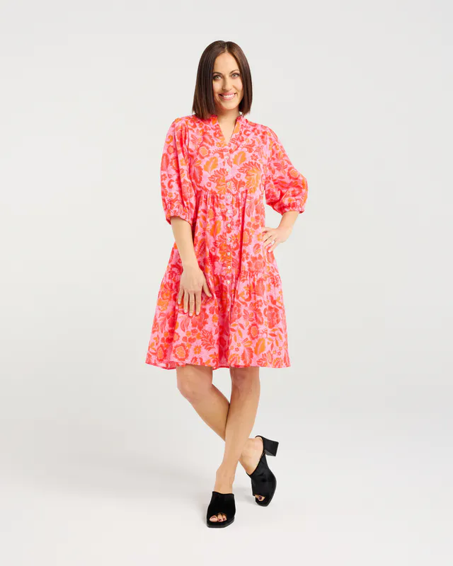 Model wearing Abstract Blush Eileen Dress By Seduce Available at Beetees Nelson