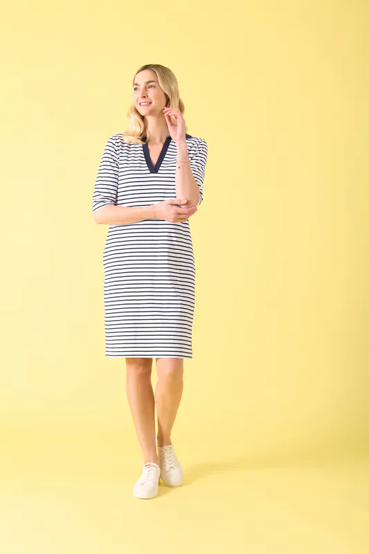 Model wearing White/Navy Stripe Fox River Dress By Charlie Jane Available at Beetees Nelson