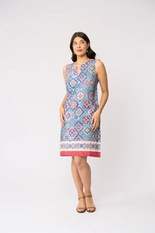Model wearing Tiled Sun-Sational Dress By Foil Available at Beetees Nelson