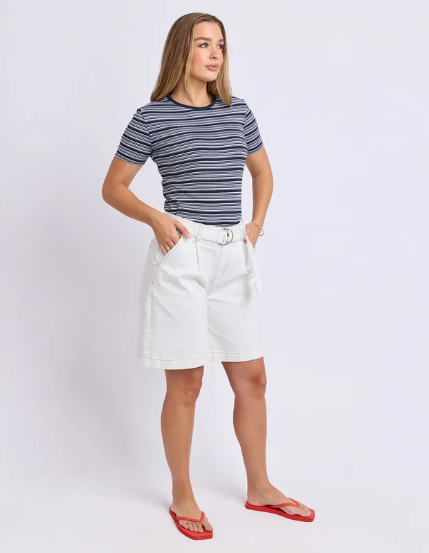 Model wearing Navy Leona Rib Top By Foxwood Available at Beetees Nelson
