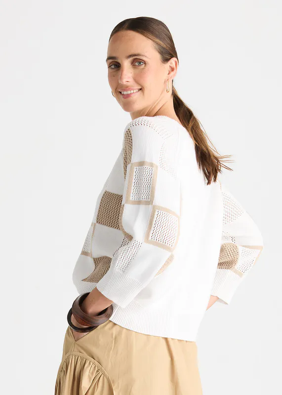 Model wearing White Patch Pointelle Top By Zaket & Plover Available at Beetees Nelson