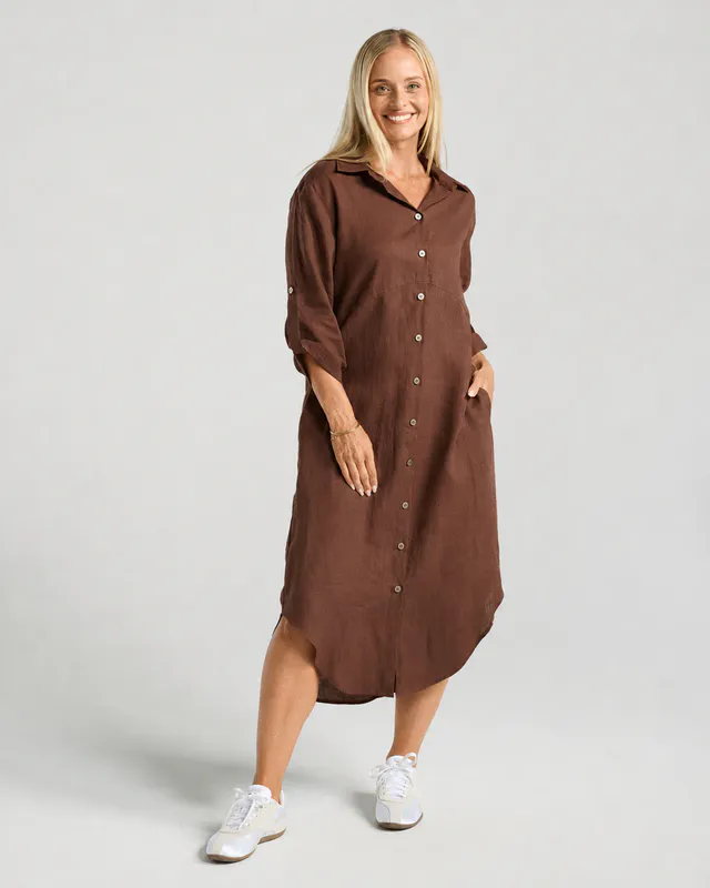 Model wearing Chocolate Amelie Shirt Dress By Blackstone Available at Beetees Nelson