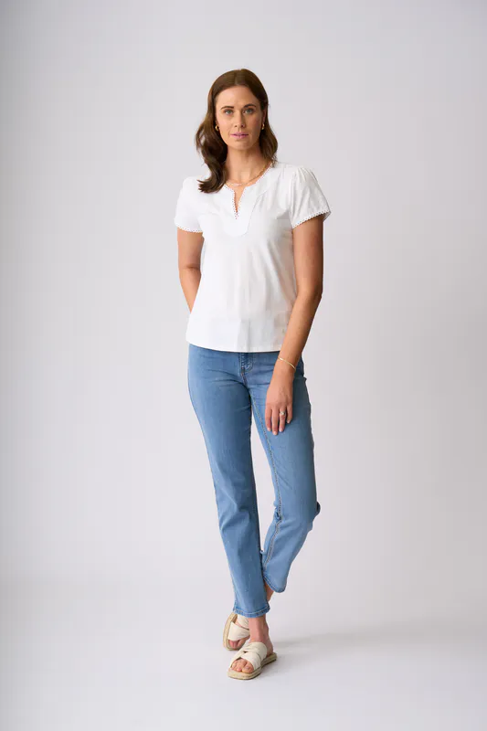 Model wearing White Stripe Waiheke Top By Charlie Jane Available at Beetees Nelson