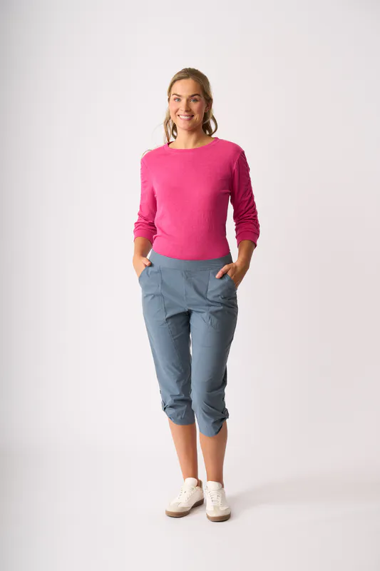 Model wearing Steel Roll Up Trousers By Esplanade Available at Beetees Nelson