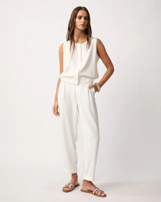 Model wearing Ecru Lavoro Vest By Yarra Trail Available at Beetees Nelson