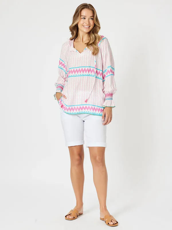 Model wearing Pink/Multi Geo Top By Threadz Available at Beetees Nelson