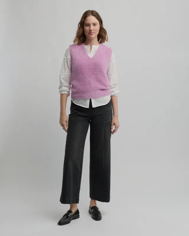 Model wearing Crepe Pink Hearth Knit Vest Hearth Knit Vest By Yarra Trail Available at Beetees Nelson