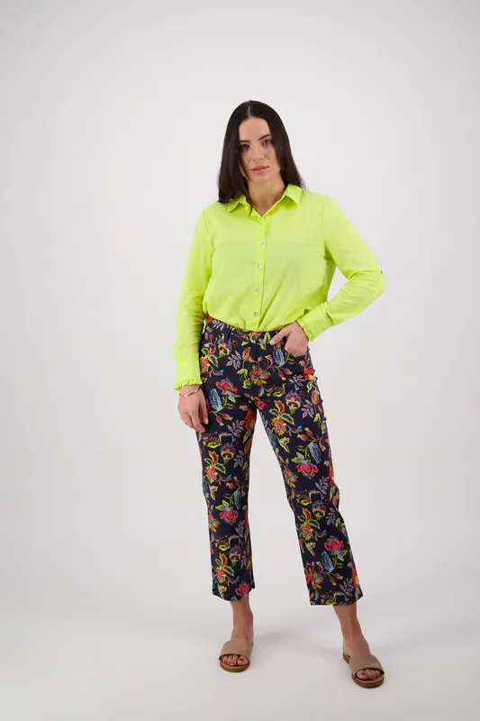Model wearing Brazil Coloured Printed Lightweight Slim Leg 7/8 Length Pant With By Vassalli Available at Beetees Nelson
