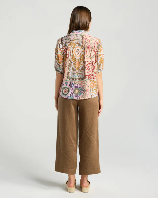 Model wearing Pink Multi Darrell Gathered Waist Top By Blackstone Available at Beetees Nelson