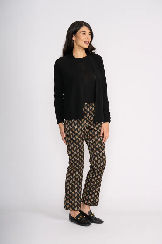 Model wearing Black High Tied Cardigan By Foil Available at Beetees Nelson