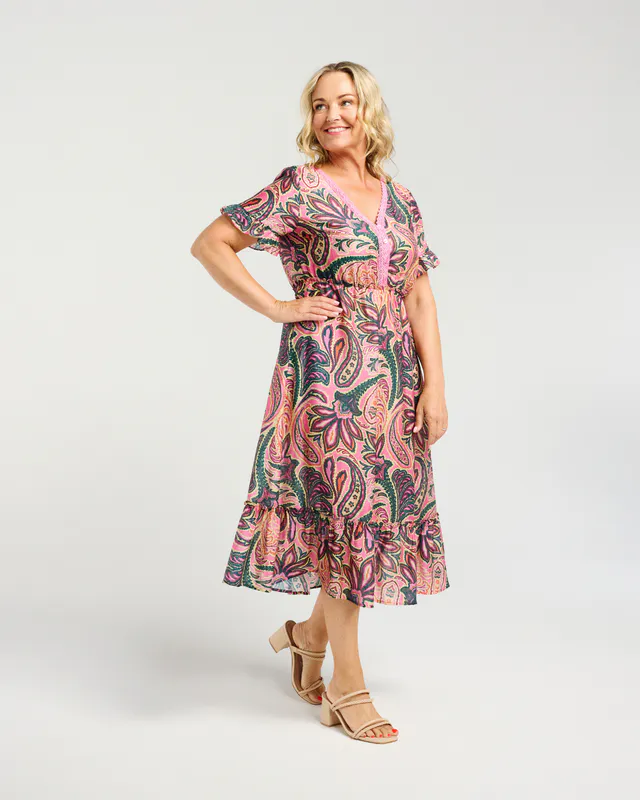 Model wearing Pink Paisley Georgia Dress By Zafina Available at Beetees Nelson