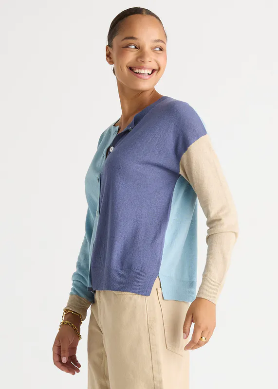 Model wearing Opal Colour Block Cardi By LD + CO Available at Beetees Nelson
