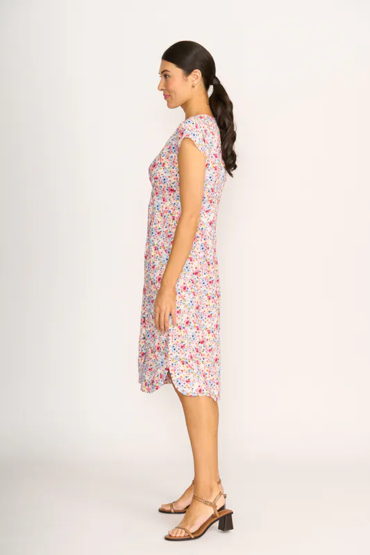 Model wearing Romantic Blooms Contrast Facing Shift Dress By Preen Available at Beetees Nelson