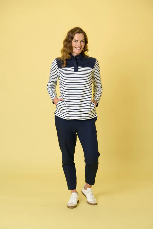 Model wearing Navy Devonport Pant By Charlie Jane Available at Beetees Nelson