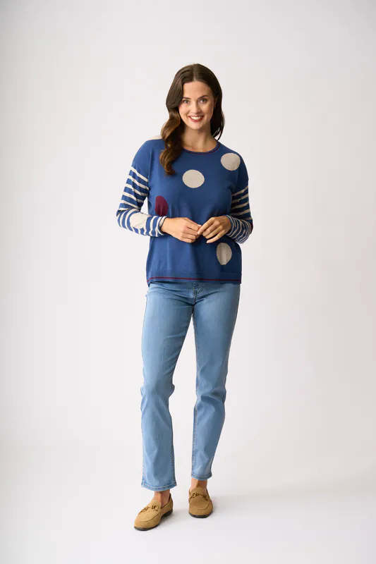 Model wearing Latte Cocoa Black Spots & Stripes Jumper By OH Three Available at Beetees Nelson