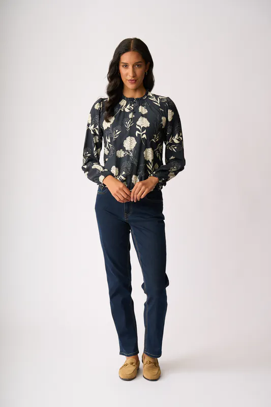 Model wearing Midnight Blooms Shoulder Detail Blouse By Preen Available at Beetees Nelson