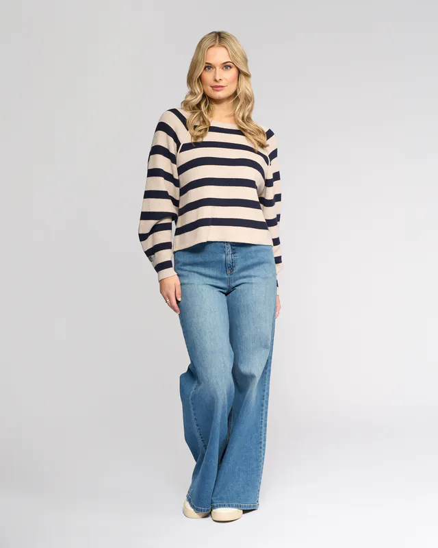 Model wearing Oat/ink Juno Sweater By Knewe Available at Beetees Nelson