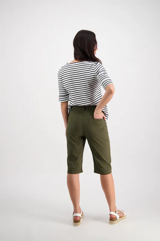 Model wearing Khaki Poplin Straight Leg Short By Vassalli Available at Beetees Nelson