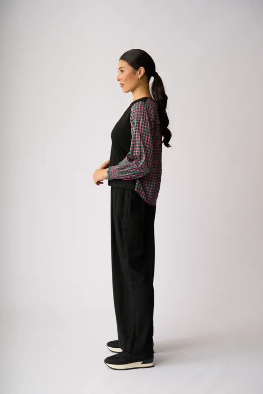 Model wearing Pink Spot Contrast Woven Top By Memo Available at Beetees Nelson