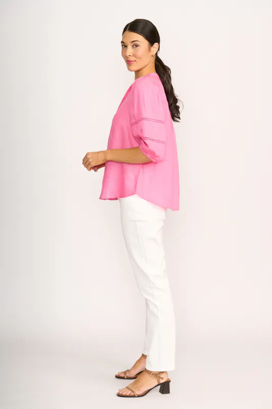 Model wearing Pink Blouse - Check & Lace By Oh Three Available at Beetees Nelson
