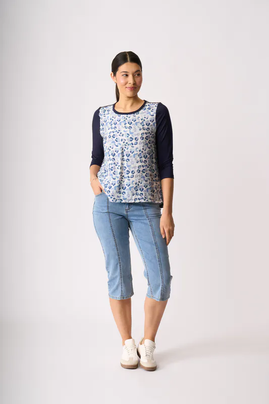 Model wearing Denim Roar Top - Relaxed Fit, Contrast Front By Memo Available at Beetees Nelson
