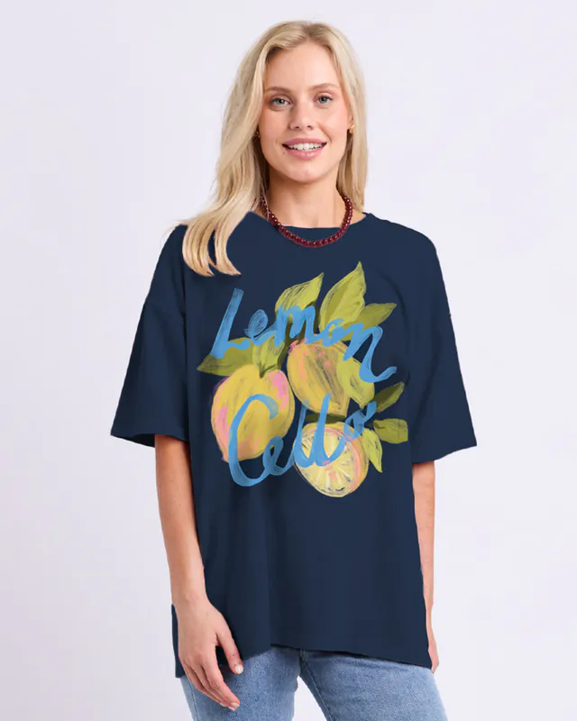 Model wearing Blue Lemoncello Tee By Elm Available at Beetees Nelson