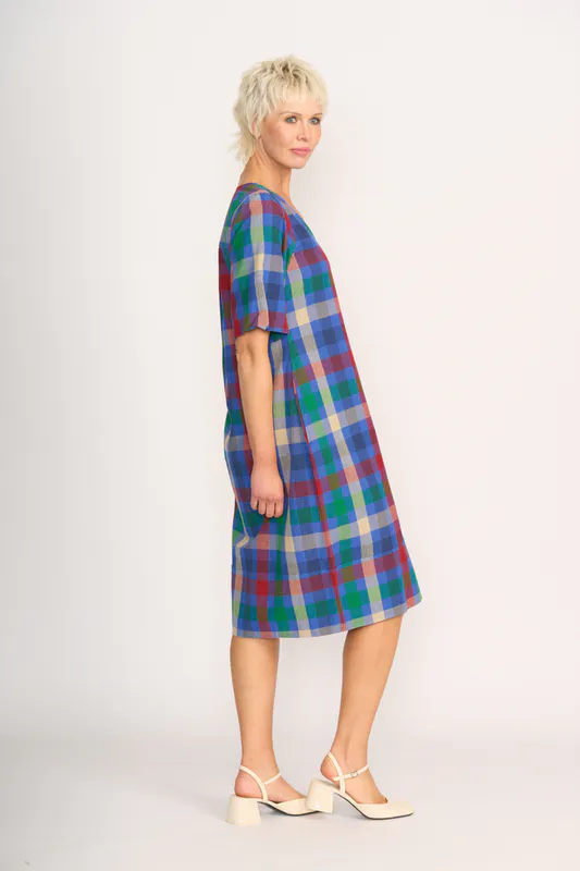 Model wearing Blue Check Balloon Sleeve Dress By Memo Available at Beetees Nelson