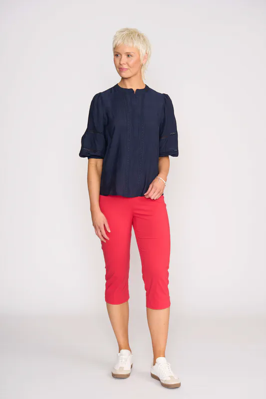 Model wearing Navy Blouse - Check & Lace By Oh Three Available at Beetees Nelson