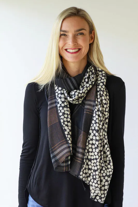 Model wearing Tartan Floral Panel Scarf By Archer House Available at Beetees Nelson