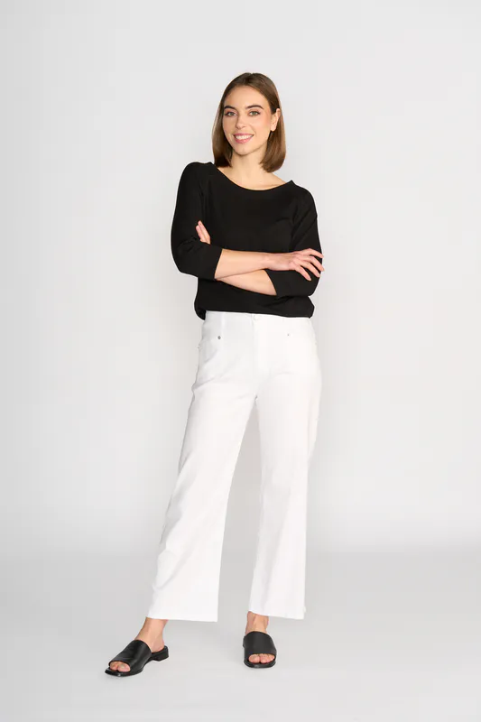 Model wearing White Denim Marlow Jean By Knewe Available at Beetees Nelson