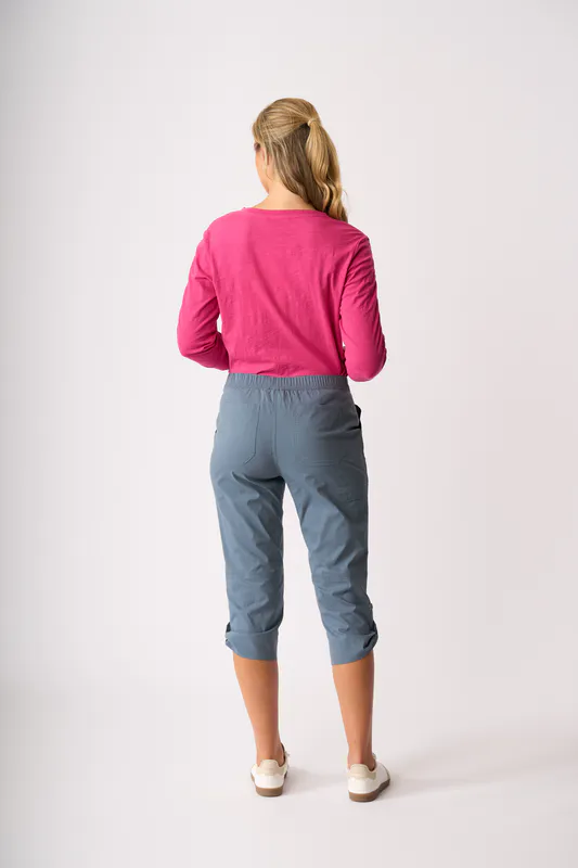 Model wearing Steel Roll Up Trousers By Esplanade Available at Beetees Nelson