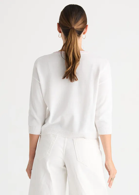 Model wearing White Island Cardi By Zaket & Plover Available at Beetees Nelson