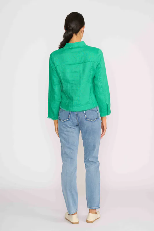 Model wearing Green On The Fringes Jacket By Foil Available at Beetees Nelson